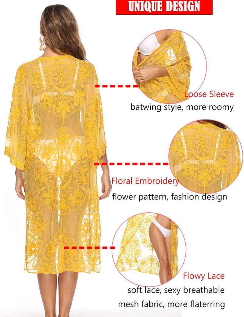 Kistore Womans Lace Cardigan Summer Sheer Yellow Beach Long Lace Kimono Swim Cover-Up Yellow Clothes 2025 - Image 4